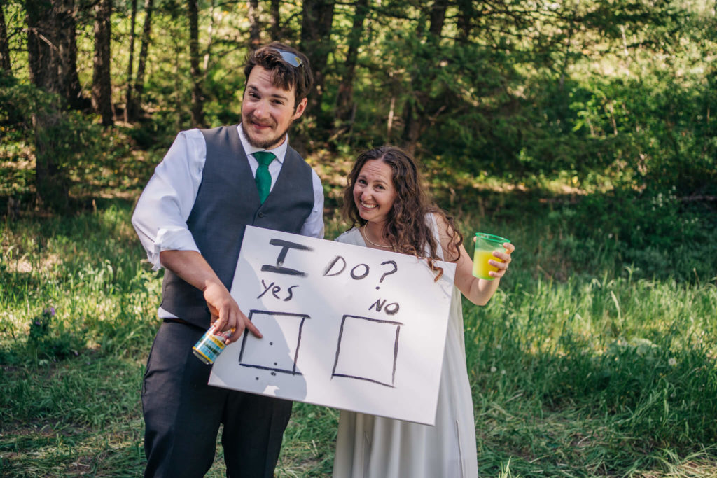 Bride and groom with target